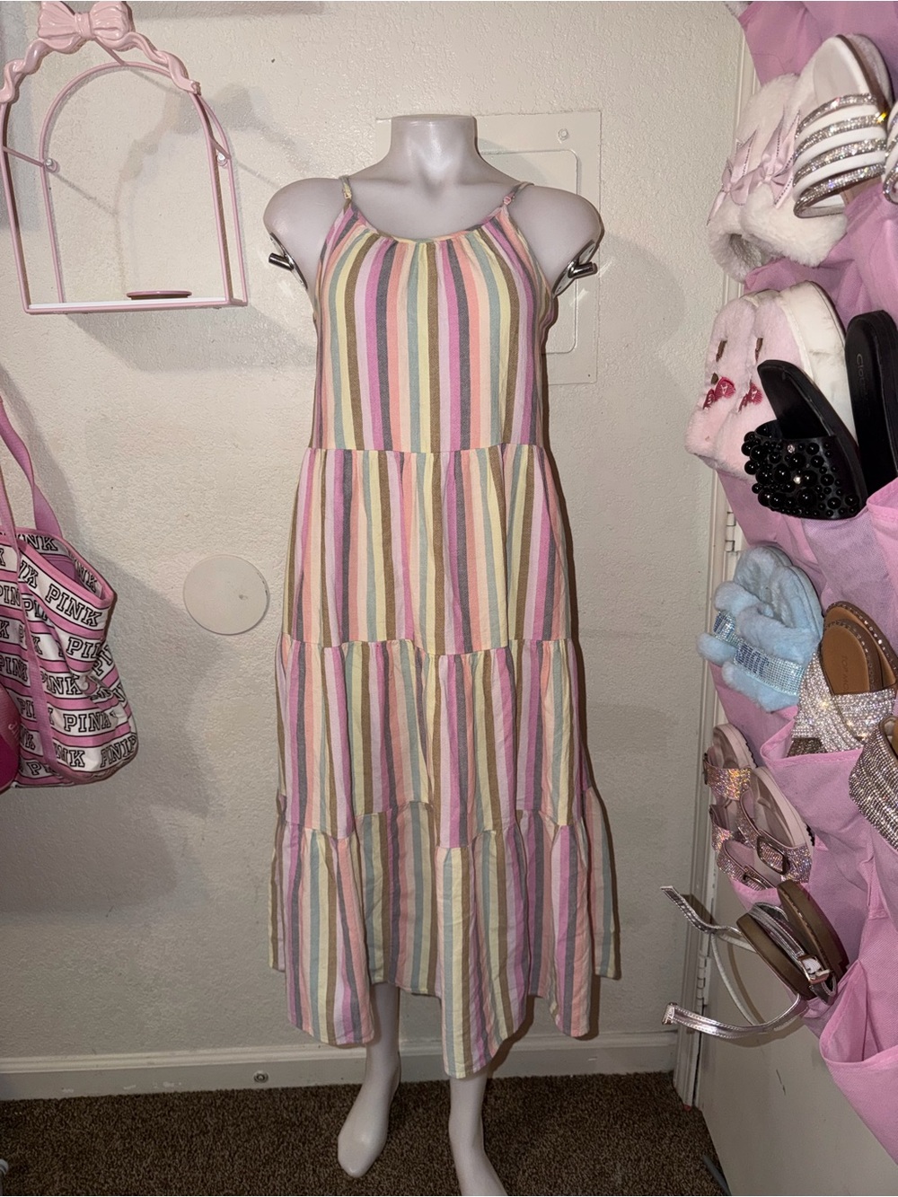 Universal Thread Pastel Striped Tiered Maxi Dress - Pink Multi